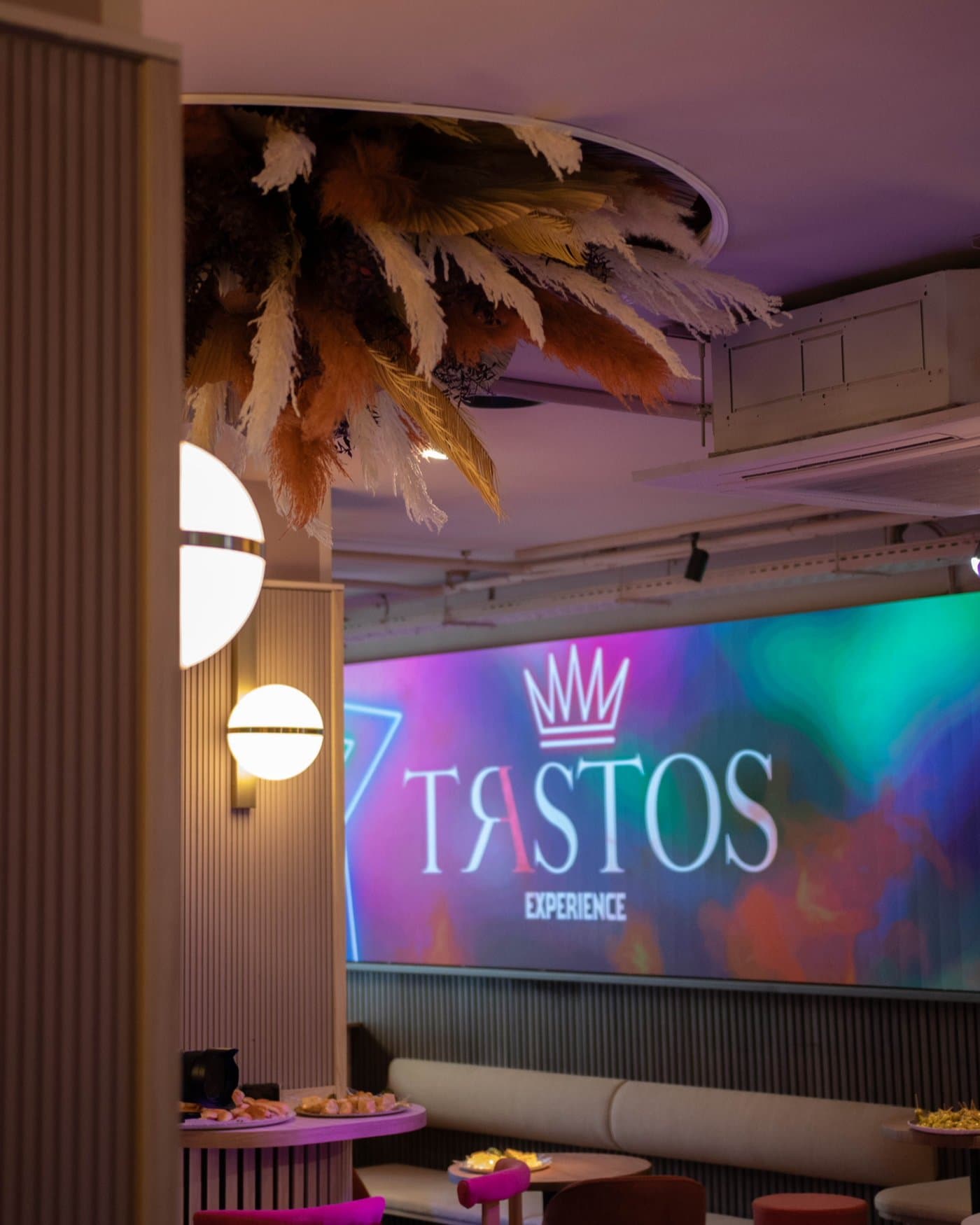 Sala de Trastos con la pantalla LED encendida y la instalación de pampa colgada del techo